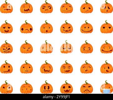 Set mit verschiedenen Jack-o-Laternen Kürbis Gesichtsausdruck Silhouetten. Halloween Party Kürbisschnitzerei. Abbildung des Materialvektors isoliert auf weißem bac Stock Vektor