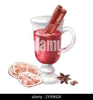 Aquarellillustration von Glühwein mit Gewürzen und Zimtstab. Heißgetränk in Glasbecher mit Zimt und Sternanis isoliert auf weißem Hintergru Stockfoto
