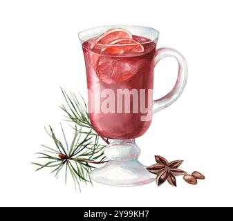 Aquarellillustration von Glühwein mit Gewürzen und weihnachtlichen Kiefernzweigen. Heißgetränk in Glasbecher mit Zimt und Sternanis isoliert auf weiß Stockfoto