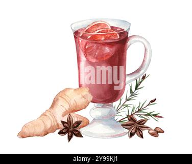 Aquarellillustration von Glühwein mit Gewürzen und weihnachtlichen Kiefernzweigen. Heißgetränk in Glasbecher mit Ingwer und Sternanis isoliert auf weißem Ba Stockfoto