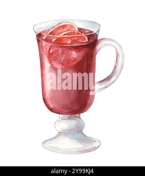 Aquarellillustration von Glühwein mit Gewürzen. Heißgetränk in Glasbecher mit Zimt und getrockneten Zitrusfrüchten isoliert auf weißem Hintergrund Stockfoto