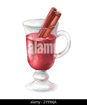 Aquarellillustration von Glühwein mit Gewürzen. Heißgetränk in Glasbecher mit Zimt und getrockneten Zitrusfrüchten isoliert auf weißem Hintergrund Stockfoto