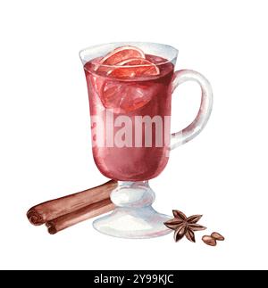 Aquarellillustration von Glühwein mit Gewürzen. Heißgetränk in Glasbecher mit Zimt und Sternanis isoliert auf weißem Hintergrund Stockfoto