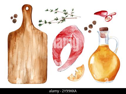 Aquarellset mit Illustrationen mit rotem Fisch, Schneidebrett und Gewürzen auf weißem Hintergrund. Forelle und Kochzutaten für Menü und Coffee Stockfoto
