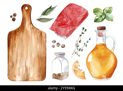 Aquarellset mit Illustrationen mit rotem Fisch, Schneidebrett und Gewürzen auf weißem Hintergrund. Forelle und Kochzutaten für Menü und Coffee Stockfoto