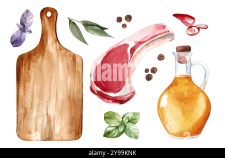 Set mit Aquarellzutaten zum Kochen isoliert auf weißem Hintergrund. Sammlungsillustration von frischem Fleisch mit Gewürzen für Steak und Küchen-Utensi Stockfoto
