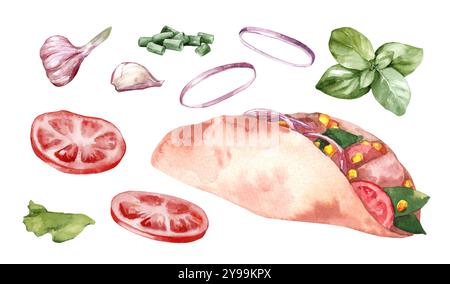 Aquarell frisch zubereitetes Pita-Brot mit hellem Gemüse und Kräutern auf weißem Hintergrund. Abbildung: Tacos mit Mais und Tomaten f Stockfoto