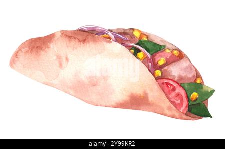 Aquarell frisch zubereitetes Pita-Brot mit hellem Gemüse und Kräutern auf weißem Hintergrund. Taco Illustration mit Mais und Tomaten für M Stockfoto