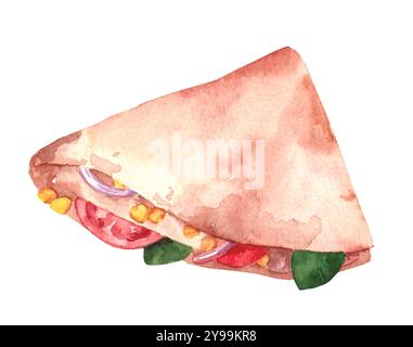 Aquarell frisch zubereitetes Pita-Brot mit hellem Gemüse und Kräutern auf weißem Hintergrund. Taco Illustration mit Mais und Tomaten für M Stockfoto