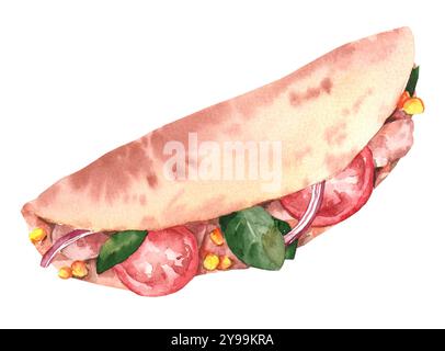 Aquarell frisch zubereitetes Pita-Brot mit hellem Gemüse und Kräutern auf weißem Hintergrund. Taco Illustration mit Mais und Tomaten für M Stockfoto