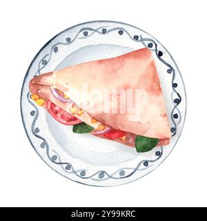 Aquarell frisch zubereitetes Pita-Brot mit hellem Gemüse und Kräutern auf einem weißen Teller. Abbildung: Tacos mit Mais und Tomaten für Menü und ca. Stockfoto