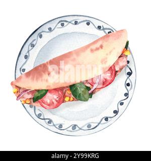 Aquarell frisch zubereitetes Pita-Brot mit hellem Gemüse und Kräutern auf einem weißen Teller. Abbildung: Tacos mit Mais und Tomaten für Menü und ca. Stockfoto