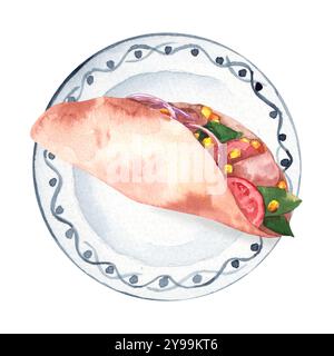 Aquarell frisch zubereitetes Pita-Brot mit hellem Gemüse und Kräutern auf einem weißen Teller. Abbildung: Tacos mit Mais und Tomaten für Menü und ca. Stockfoto