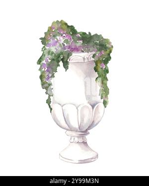 Aquarellillustration von zarten Flieder hängenden Blumen in Steinvase im antiken Stil isoliert auf weißem Hintergrund. Landschaftsgestaltung des Parks und Stockfoto