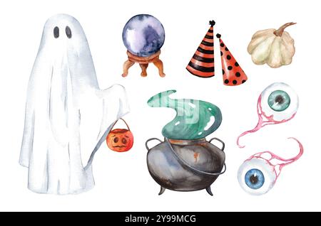 Set mit Aquarellen Halloween Illustrationen. Süßer Geist und magische Attribute. Dekor Für Herbstpartys Stockfoto