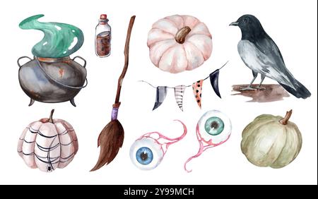 Set mit Aquarellen Halloween Illustrationen. Magische Attribute und Hexenbesen. Dekorkollektion Für Herbstpartys Stockfoto