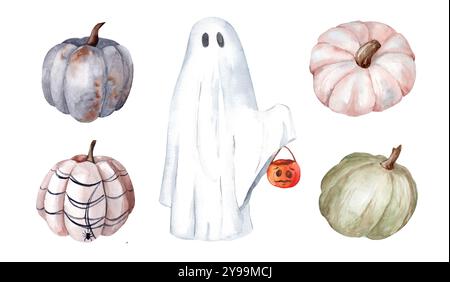 Set mit Aquarellillustrationen von Geistern und Kürbissen. Kind in einem niedlichen Halloween Kostüm. Dekor Für Herbstpartys Stockfoto