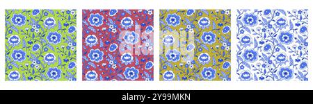 Set aus 4 indischen Blumenmustern mit abstrakten nachlaufenden Blumen und Blättern Stock Vektor