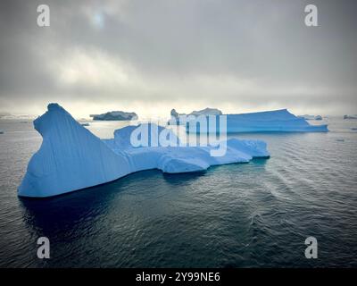 Dramatische Eisberge unter Moody Sky in abgelegenen antarktischen Gewässern Stockfoto