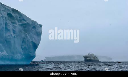 Ein dramatischer Blick auf einen massiven Eisberg im Vordergrund, mit dem Lindblad National Geographic Endurance Kreuzfahrtschiff in der nebeligen Entfernung, Stockfoto