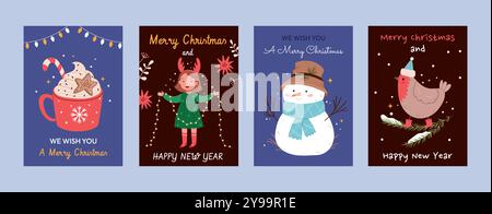 Set mit Poster zu Weihnachten und Neujahr, Karten. Charaktere, Dekorationen, Schneemann, Heißgetränk, rote Tasse. Sammlung kindlicher Grußkarten. Neujahrseinladung Stock Vektor