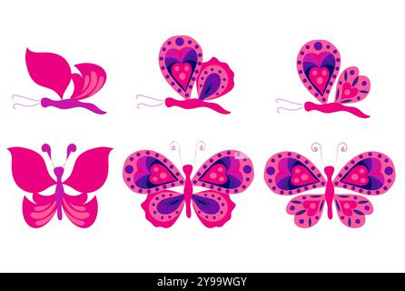 Set aus rosa und violetten Schmetterlingen mit offenen und geschlossenen Flügeln. Vektorillustration in flacher Form, isoliert auf weißem Hintergrund. Stock Vektor