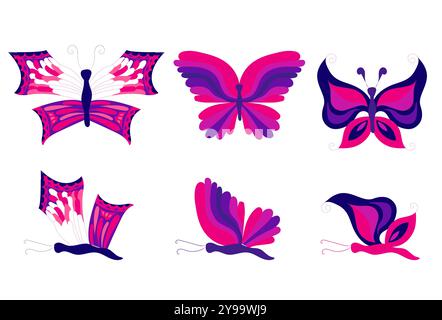 Set aus rosa und violetten Schmetterlingen mit offenen und geschlossenen Flügeln. Vektorillustration in flacher Form, isoliert auf weißem Hintergrund. Stock Vektor