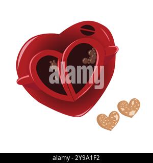Zwei rote Kaffeetassen in Herzform und ein paar Kekse. Romantisches Liebeskonzept. Vektorillustration isoliert auf weißem Hintergrund. Stock Vektor