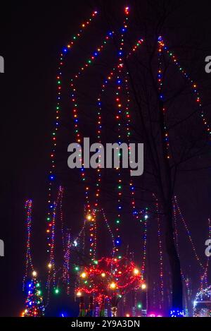 Farbenfrohe Lichterketten klettern in die Bäume eines Stadtparks im Nordosten von Ohio Stockfoto