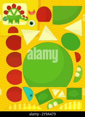 Zeichentrickszene mit Charakter Puzzle Ausschnitt pädagogische Übung Handarbeit mit Schere Tier Dinosaurus Dino Stegosaurus Stego Illustration für KI Stockfoto