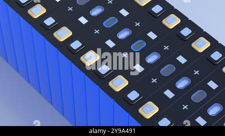 prismatische Zellen, rechteckige Lithium-Ionen-Phosphat-LFP-Batterien für moderne Elektrofahrzeuge und Energiespeicher, 3D-Rendering Stockfoto