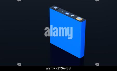Blaue prismatische Zelle, rechteckige Lithium-Ionen-Phosphat-LFP-Batterie für moderne Elektrofahrzeuge und Energiespeicher, 3D-Rendering Stockfoto