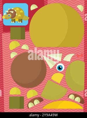 Zeichentrickszene mit Charakter Puzzle Ausschnitt pädagogische Übung Handarbeit mit Schere Tier Dinosaurus Dino Tricaratops Illustration für Kinder geschnitten Stockfoto