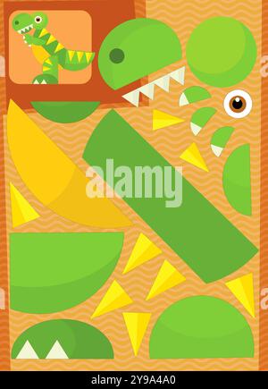 Zeichentrickszene mit Charakter Puzzle Ausschnitt pädagogische Übung Handarbeit mit Schere Tier Dinosaurus dino tyrannosaurus trex Illustration für k Stockfoto