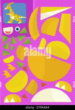 Zeichentrickszene mit Charakter Puzzle Ausschnitt pädagogische Übung Handarbeit mit Schere Tier Dinosaurus dino iguanodon Illustration für Kinder Cutou Stockfoto