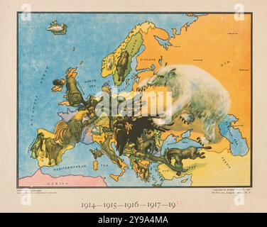 Vintage historische satirische Karte von Europa: Karikaturkarte von Europa während des Ersten Weltkriegs Länder werden durch Tiere dargestellt, um die internationalen Beziehungen darzustellen, erster Weltkrieg, 1914-1919?? Von Karel Horky, 1917 Stockfoto