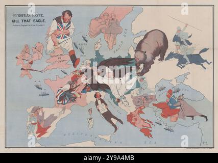 Vintage historische satirische Karte Europas: "European Revue : Kill That Eagle" - satirische Karte Europas zu Beginn des Ersten Weltkriegs. Erster Weltkrieg, von John Henry Amshewitz, 1914 Stockfoto