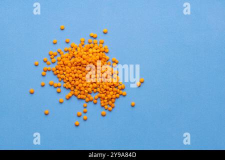 Linse culinaris - rohe rote Linsen in einem Haufen. Stockfoto