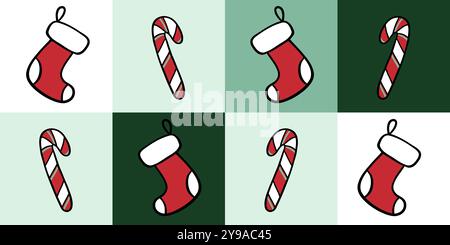Nahtloses grünes Muster mit alternierenden Weihnachtsstrümpfen und Bonbons, perfekt für Weihnachtsmotive, Doodle-Stil Stock Vektor