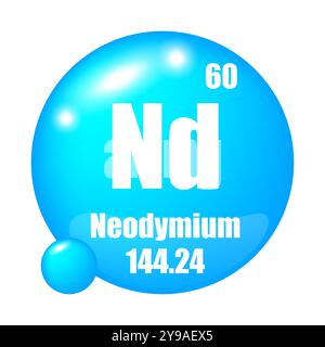 Neodym-Symbol. ND-chemisches Element. Atomzahl 60. Masse 144.24. Blauer Kugelvektor. Stock Vektor