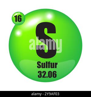 Schwefelsymbol. Atomzahl 16. Masse 32.06. Vektorsymbol. Stock Vektor