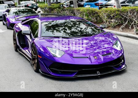 Miami Beach, Florida USA - 8. Juni 2024: 2021 lamborghini Aventador SVJ Roadster am miami Beach. Lamborghini ist ein italienischer Luxusautos. Puple Stockfoto