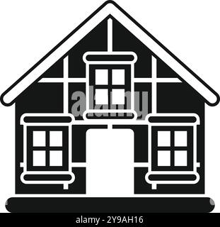 Einfaches Vektorsymbol eines Fachwerkhauses mit drei Fenstern in Schwarz-weiß Stock Vektor