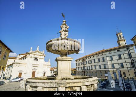 Brunnen vor der Kathedrale Santa Maria Assunta, Vittorio Veneto, Treviso, Italien, Europa Stockfoto