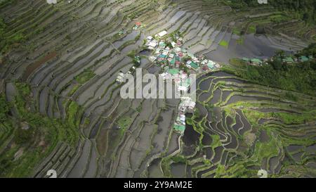 Aus der Vogelperspektive der malerischen Batad Rice Terrassen in der Provinz Ifugao, Luzon Island, Philippinen, Asien Stockfoto