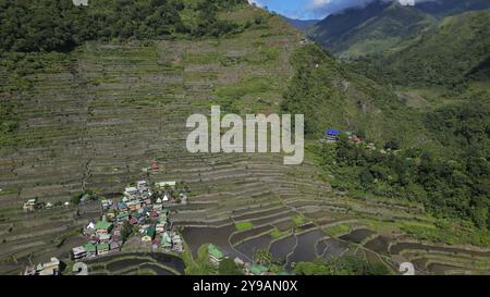 Aus der Vogelperspektive der malerischen Batad Rice Terrassen in der Provinz Ifugao, Luzon Island, Philippinen, Asien Stockfoto