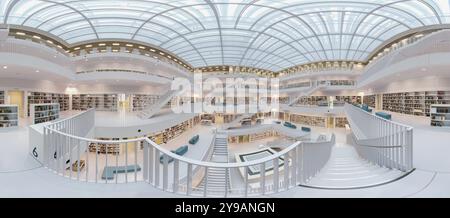 Galeriesaaal, moderne Bibliothek mit Glasdach und weißer Treppe, umgeben von Bücherregalen in einem hellen offenen Raum, 360 Grad Panorama, öffentliche Bibliothek A Stockfoto