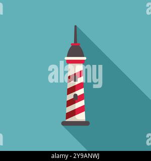 Rot-weiß gestreifter Leuchtturm, der langen Schatten auf türkisfarbenem Hintergrund wirft, flache Designillustration Stock Vektor