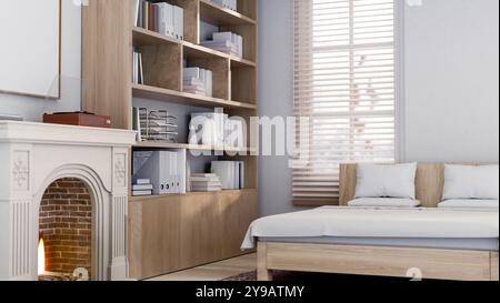 Die Inneneinrichtung eines skandinavischen minimalistischen Schlafzimmers mit einem komfortablen Holzbett mit weißen Bettlaken, einem Vintage-Kamin, einem Bücherregal und einem Stockfoto