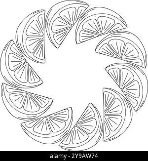 Citrus Outline Slices Circle Rahmenrand im trendigen minimalistischen Stil. Vorlagenkonzept. Kopierbereich. Isolierte Vektor-Illustration Web-Promo-Hintergrund, Karten Poster, Banner, Etikett, Preisschild oder Prospekt Stock Vektor